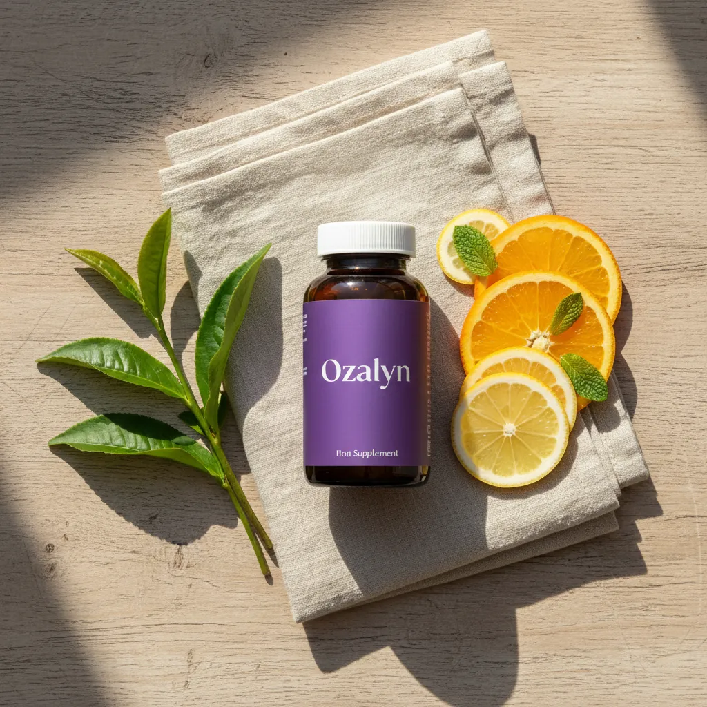 Ozalyn supplement fles op een houten tafel met plantaardige kruiden, ochtendlicht